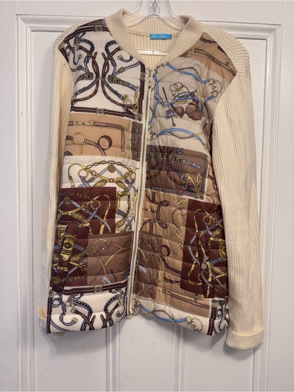 J. McLaughlin Cream Quilted Jacket with Blue and Brown Print